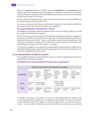 108
Les acteurs et leur comportement
5
chapitre
Ainsi, M. Granovetter définit en 2000 la notion d’embeddedness ou encastrement pour
montrer que le fonctionnement des organisations ne résulte pas seulement de la maximi-
sation de l’utilité par individu et de la rationalité limitée de son choix, mais aussi des réseaux
sociaux dans lesquels ils s’inscrivent.
Il met en évidence l’importance des réseaux sociaux des acteurs, des contacts qui influencent
les comportements et les choix des acteurs.
Les acteurs construisent des alliances provisoires en fonction de leurs intérêts, mobilisent
des ressources grâce aux réseaux de contacts qu’ils possèdent.
e)  La psychologie des comportements : Skinner
B.F. Skinner, psychologue américain influencé par les travaux de Pavlov, élabore vers 1948
le concept de conditionnement opérant.
Pourlui,lescomportementssontsélectionnésparleursconséquencespositives(ounégatives)
sur l’acteur. Il a réalisé des expériences avec des souris (cf. la boîte de Skinner présentée au
Palais de la Découverte à Paris) : dans un labyrinthe, certains couloirs aboutissent à des
morceaux de fromage et d’autres non ; au bout d’un certain temps, toutes les souris sont
conditionnées pour passer dans les couloirs « à fromage ».
Il a cherché à transférer cette analyse des comportements aux personnes et a influencé les
méthodes d’apprentissage, champ important pour gérer la performance des entreprises au
travers des compétences de leurs acteurs.
1.3  La représentation actuelle des acteurs
Il est possible de dresser le profil actuel des acteurs au sein des organisations à l’issue des
formalisations théoriques présentées.
a)  Évolution de la représentation de l’homme dans l’organisation
TABLEAU DE L’ÉVOLUTION DE L’ORGANISATION ET DE L’HOMME
Organisation
Machine,
routine
standard,
1910
Machine,
routine
standard,
1940
Organisme
vivant,
évoluant par
rapport à l’envi-
ronnement,
1950
Cerveau,
traite des
informa-
tions,
1960
Système
politique,
alliances et
conflits,
1970
Culture,
prison, valeurs
communes, lien
social,
1980
Acteur
Exécutant
Main
Exécutant Main
+ Cœur Affectif
Exécutant Main
+ Cœur Affectif
+ Cerveau Idées
Auteur Ingénieur
Taylor
Psychologue
Maslow
Cybernéticien
Von
Bertalanffy
Information
Décision
Simon
Sociologue
Crozier
Anthropologue
Schein
Le modèle économique de l’homme certain à la rationalité limitée des années 30‑40
a été progressivement remplacé par une approche plus réaliste, avec des incertitudes
et une rationalité limitée. De même, au sein des organisations, la vision de l’acteur a
évolué ; si on considère l’individu comme une machine, un exécutant sans pensée ni
 