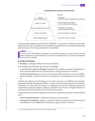 125
Les acteurs et leur comportement chapitre
5
©
Dunod
-
Toute
reproduction
non
autorisée
est
un
délit.
La hiérarchie des besoins selon Maslow
Exemples
• Se réaliser.
• Mettre en œuvre l’ensemble de ses facultés.
• Avoir l’estime de soi-même.
• Avoir un statut dans le groupe.
• Participer à un groupe.
• Communiquer avec autrui.
• Vivre et travailler en sécurité.
• Se nourrir, se vêtir, se loger.
Besoins
d’accomplissement
Besoins d'estime
Besoins d’appartenance sociale
Besoins de sécurité
Besoins physiologiques
Cette pyramide explique la motivation de l’individu ; ce qui motive l’individu c’est la satis-
faction d’un besoin, et un individu n’est sensible aux paramètres d’un niveau de la hiérarchie
des besoins que si les niveaux précédents sont satisfaits.
exemple
Il ne sert à rien, selon Maslow, de proposer à un individu d’organiser son travail comme il l’entend
(besoin d’estime et de reconnaissance) si ce travail est un travail précaire, car le besoin préalable de
sécurité n’est pas satisfait.
■
■ Frederick Herzberg
F. Herzberg(1)
prolonge et affine les travaux de Maslow.
Pour expliquer la motivation des hommes, il distingue :
–
– ce qu’il appelle les facteurs d’hygiène qui doivent être réalisés sous peine d’insatisfaction ;
ils ne sont cependant pas source de motivation, seule leur absence est un frein ;
–
– les facteurs motivants qui vont être la source de réelle motivation car ils sont diffici-
lement satiables, comme le besoin de participation, d’accomplissement, de créativité,
etc.
L’intérêt des analyses de F. Herzberg est de mettre l’accent sur la différence de fonction-
nement des besoins identifiés par Maslow : certains sont motivants d’autres sont seulement
sécurisants. Ces deux types de facteurs ne s’opposent pas mais leur distinction permet de
comprendre pourquoi certaines politiques répondant à des facteurs d’hygiène limitent le
mécontentement des individus sans les motiver pour autant.
L’organisation du travail doit apporter une réponse satisfaisante aux deux séries de besoins
pour :
–
– éviter le mécontentement : conditions de travail et rémunération ;
–
– provoquer la satisfaction : élargir et enrichir les tâches des postes de travail alors que la
rationalisation et la simplification tayloristes en appauvrissent le contenu.
(1)  F. Herzberg, Work and the Nature of Man, T.Y. Growell Co, 1966.
 