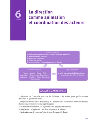 135
6
Analyse managériale
1. Les fondements de la direction : pouvoir, autorité et leadership
2. Les missions de la direction
3. Diriger pour coordonner
4. Diriger pour animer
5. Comment diriger : l’exercice du pouvoir de direction
Définitions et concepts
Pouvoir • Autorité • Diriger • Style
de direction • Gouvernement d’entreprise •
Leadership • Direction • Culture d’entreprise
• Coordination
Outils et méthodes
La grille managériale de Blake et Mouton •
Le continuum des styles de direction
analyse managériale
La direction de l’entreprise concerne les décisions et les actions pour que les acteurs
travaillent et agissent ensemble.
L’analyse de la fonction de direction  d de l’entreprise est au carrefour de trois domaines
d’analyse qui ont chacun leur propre logique :
–
– les ressources humaines, car le pouvoir c’est diriger des hommes ;
–
– la stratégie, car le pouvoir c’est fixer un projet et le piloter ;
–
– la structure, car le pouvoir c’est se donner les capacités d’agir.
C H A P I T R E
La direction 	
comme animation 	
et coordination des acteurs
 