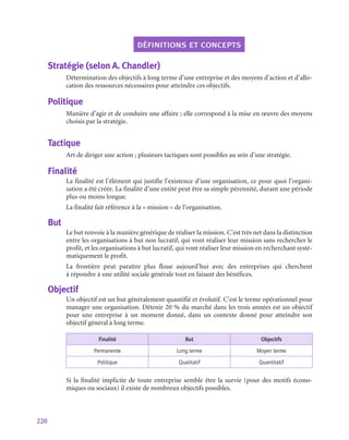 220
définitions et concepts
Stratégie (selon A. Chandler)
Détermination des objectifs à long terme d’une entreprise et des moyens d’action et d’allo-
cation des ressources nécessaires pour atteindre ces objectifs.
Politique
Manière d’agir et de conduire une affaire ; elle correspond à la mise en œuvre des moyens
choisis par la stratégie.
Tactique
Art de diriger une action ; plusieurs tactiques sont possibles au sein d’une stratégie.
Finalité
La finalité est l’élément qui justifie l’existence d’une organisation, ce pour quoi l’organi-
sation a été créée. La finalité d’une entité peut être sa simple pérennité, durant une période
plus ou moins longue.
La finalité fait référence à la « mission » de l’organisation.
But
Le but renvoie à la manière générique de réaliser la mission. C’est très net dans la distinction
entre les organisations à but non lucratif, qui vont réaliser leur mission sans rechercher le
profit, et les organisations à but lucratif, qui vont réaliser leur mission en recherchant systé-
matiquement le profit.
La frontière peut paraître plus floue aujourd’hui avec des entreprises qui cherchent
à répondre à une utilité sociale générale tout en faisant des bénéfices.
Objectif
Un objectif est un but généralement quantifié et évolutif. C’est le terme opérationnel pour
manager une organisation. Détenir 20 % du marché dans les trois années est un objectif
pour une entreprise à un moment donné, dans un contexte donné pour atteindre son
objectif général à long terme.
Finalité But Objectifs
Permanente Long terme Moyen terme
Politique Qualitatif Quantitatif
Si la finalité implicite de toute entreprise semble être la survie (pour des motifs écono-
miques ou sociaux) il existe de nombreux objectifs possibles.
 