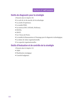 222
outils et méthodes
Outils de diagnostic pour la stratégie
(Présentés dans le chapitre 10.)
• Le cycle de vie du marché, de la technologie.
• La courbe d’expérience.
• Le modèle PIMS.
• Les matrices BCG ADLittle, McKinsey.
• PESTEL.
• SWOT.
• Les 5 forces de Porter.
• Le modèle de Ramanantsoa et Dussauge pour le diagnostic technologique.
• La chaîne de valeur organisationnelle.
• Les capacités organisationnelles.
Outils d’évaluation et de contrôle de la stratégie
(Présentés dans le chapitre 12.)
• VRIN
• Planification stratégique
• Contrôle budgétaire.
 