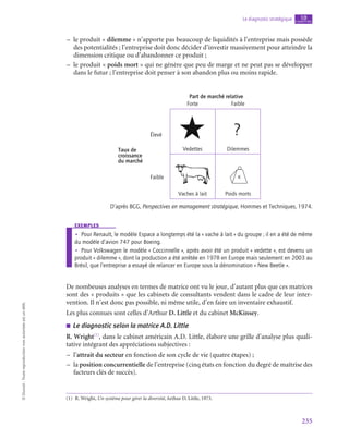 235
Le diagnostic stratégique chapitre
10
©
Dunod
-
Toute
reproduction
non
autorisée
est
un
délit.
–
– le produit « dilemme » n’apporte pas beaucoup de liquidités à l’entreprise mais possède
des potentialités ; l’entreprise doit donc décider d’investir massivement pour atteindre la
dimension critique ou d’abandonner ce produit ;
–
– le produit « poids mort » qui ne génère que peu de marge et ne peut pas se développer
dans le futur ; l’entreprise doit penser à son abandon plus ou moins rapide.
Part de marché relative
Taux de
croissance
du marché
Forte Faible
Vedettes
Élevé
Faible
Dilemmes
Vaches à lait Poids morts
K
D’après BCG, Perspectives en management stratégique, Hommes et Techniques, 1974.
exemples
•
• Pour Renault, le modèle Espace a longtemps été la « vache à lait » du groupe ; il en a été de même
du modèle d’avion 747 pour Boeing.
•
• Pour Volkswagen le modèle « Coccinnelle », après avoir été un produit « vedette », est devenu un
produit « dilemme », dont la production a été arrêtée en 1978 en Europe mais seulement en 2003 au
Brésil, que l’entreprise a essayé de relancer en Europe sous la dénomination « New Beetle ».
De nombeuses analyses en termes de matrice ont vu le jour, d’autant plus que ces matrices
sont des « produits » que les cabinets de consultants vendent dans le cadre de leur inter-
vention. Il n’est donc pas possible, ni même utile, d’en faire un inventaire exhaustif.
Les plus connues sont celles d’Arthur D. Little et du cabinet McKinsey.
■
■ Le diagnostic selon la matrice A.D. Little
R. Wright(1)
, dans le cabinet américain A.D. Little, élabore une grille d’analyse plus quali-
tative intégrant des appréciations subjectives :
–
– l’attrait du secteur en fonction de son cycle de vie (quatre étapes) ;
–
– la position concurrentielle de l’entreprise (cinq états en fonction du degré de maîtrise des
facteurs clés de succès).
(1)  R. Wright, Un système pour gérer la diversité, Arthur D. Little, 1973.
 