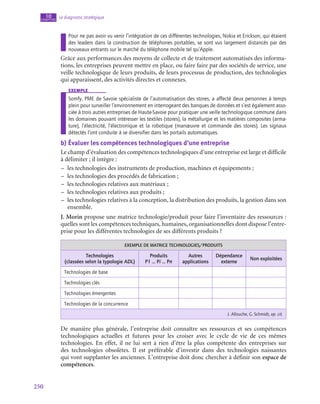 250
Le diagnostic stratégique
10
chapitre
Pour ne pas avoir vu venir l’intégration de ces différentes technologies, Nokia et Erickson, qui étaient
des leaders dans la construction de téléphones portables, se sont vus largement distancés par des
nouveaux entrants sur le marché du téléphone mobile tel qu’Apple.
Grâce aux performances des moyens de collecte et de traitement automatisés des informa-
tions, les entreprises peuvent mettre en place, ou faire faire par des sociétés de service, une
veille technologique de leurs produits, de leurs processus de production, des technologies
qui apparaissent, des activités directes et connexes.
exemple
Somfy, PME de Savoie spécialiste de l’automatisation des stores, a affecté deux personnes à temps
plein pour surveiller l’environnement en interrogeant des banques de données et s’est également asso-
ciée à trois autres entreprises de Haute-Savoie pour pratiquer une veille technologique commune dans
les domaines pouvant intéresser les textiles (stores), la métallurgie et les matières composites (arma-
ture), l’électricité, l’électronique et la robotique (manœuvre et commande des stores). Les signaux
détectés l’ont conduite à se diversifier dans les portails automatiques.
b)  Évaluer les compétences technologiques d’une entreprise
Le champ d’évaluation des compétences technologiques d’une entreprise est large et difficile
à délimiter ; il intègre :
–
– les technologies des instruments de production, machines et équipements ;
–
– les technologies des procédés de fabrication ;
–
– les technologies relatives aux matériaux ;
–
– les technologies relatives aux produits ;
–
– les technologies relatives à la conception, la distribution des produits, la gestion dans son
ensemble.
J. Morin propose une matrice technologie/produit pour faire l’inventaire des ressources :
quelles sont les compétences techniques, humaines, organisationnelles dont dispose l’entre-
prise pour les différentes technologies de ses différents produits ?
EXEMPLE DE MATRICE TECHNOLOGIES/PRODUITS
Technologies
(classées selon la typologie ADL)
Produits
P1 … Pi … Pn
Autres
applications
Dépendance
externe
Non exploitées
Technologies de base
Technologies clés
Technologies émergentes
Technologies de la concurrence
J. Allouche, G. Schmidt, op. cit.
De manière plus générale, l’entreprise doit connaître ses ressources et ses compétences
technologiques actuelles et futures pour les croiser avec le cycle de vie de ces mêmes
technologies. En effet, il ne lui sert à rien d’être la plus compétente des entreprises sur
des technologies obsolètes. Il est préférable d’investir dans des technologies naissantes
qui vont supplanter les anciennes. L’entreprise doit donc chercher à définir son espace de
compétences.
 