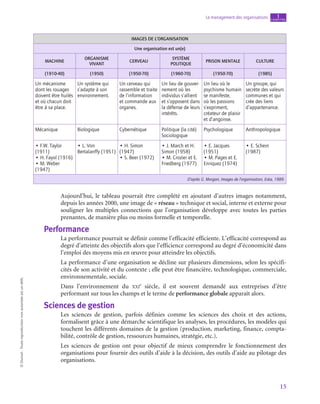 15
Le management des organisations chapitre
1
©
Dunod
-
Toute
reproduction
non
autorisée
est
un
délit.
IMAGES DE L’ORGANISATION
Une organisation est un(e)
MACHINE
ORGANISME
VIVANT
CERVEAU
SYSTÈME
POLITIQUE
PRISON MENTALE CULTURE
(1910‑40) (1950) (1950‑70) (1960‑70) (1950‑70) (1985)
Un mécanisme
dont les rouages
doivent être huilés
et où chacun doit
être à sa place.
Un système qui
s’adapte à son
environnement.
Un cerveau qui
rassemble et traite
de l’information
et commande aux
organes.
Un lieu de gouver-
nement où les
individus s’allient
et s’opposent dans
la défense de leurs
intérêts.
Un lieu où le
psychisme humain
se manifeste,
où les passions
s’expriment,
créateur de plaisir
et d’angoisse.
Un groupe, qui
secrète des valeurs
communes et qui
crée des liens
d’appartenance.
Mécanique Biologique Cybernétique Politique (la cité)
Sociologique
Psychologique Anthropologique
• F.W. Taylor
(1911)
• H. Fayol (1916)
• M. Weber
(1947)
• L. Von
Bertalanffy (1951)
• H. Simon
(1947)
• S. Beer (1972)
• J. March et H.
Simon (1958)
• M. Crozier et E.
Friedberg (1977)
• E. Jacques
(1951)
• M. Pages et E.
Enriquez (1974)
• E. Schein
(1987)
D’après G. Morgan, Images de l’organisation, Eska, 1989.
Aujourd’hui, le tableau pourrait être complété en ajoutant d’autres images notamment,
depuis les années 2000, une image de « réseau » technique et social, interne et externe pour
souligner les multiples connections que l’organisation développe avec toutes les parties
prenantes, de manière plus ou moins formelle et temporelle.
Performance
La performance pourrait se définir comme l’efficacité efficiente. L’efficacité correspond au
degré d’atteinte des objectifs alors que l’efficience correspond au degré d’économicité dans
l’emploi des moyens mis en œuvre pour atteindre les objectifs.
La performance d’une organisation se décline sur plusieurs dimensions, selon les spécifi-
cités de son activité et du contexte ; elle peut être financière, technologique, commerciale,
environnementale, sociale.
Dans l’environnement du xxi
e
  siècle, il est souvent demandé aux entreprises d’être
performant sur tous les champs et le terme de performance globale apparaît alors.
Sciences de gestion
Les sciences de gestion, parfois définies comme les sciences des choix et des actions,
formalisent grâce à une démarche scientifique les analyses, les procédures, les modèles qui
touchent les différents domaines de la gestion (production, marketing, finance, compta-
bilité, contrôle de gestion, ressources humaines, stratégie, etc.).
Les sciences de gestion ont pour objectif de mieux comprendre le fonctionnement des
organisations pour fournir des outils d’aide à la décision, des outils d’aide au pilotage des
organisations.
 