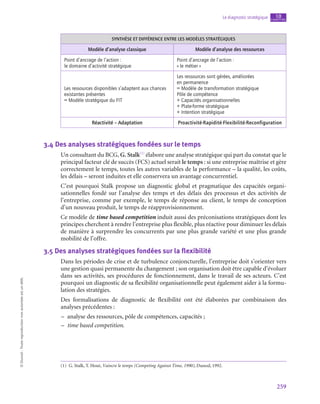 259
Le diagnostic stratégique chapitre
10
©
Dunod
-
Toute
reproduction
non
autorisée
est
un
délit.
SYNTHÈSE ET DIFFÉRENCE ENTRE LES MODÈLES STRATÉGIQUES
Modèle d’analyse classique Modèle d’analyse des ressources
Point d’ancrage de l’action :
le domaine d’activité stratégique
Point d’ancrage de l’action :
« le métier »
Les ressources disponibles s’adaptent aux chances
existantes présentes
= Modèle stratégique du FIT
Les ressources sont gérées, améliorées
en permanence
= Modèle de transformation stratégique
Pôle de compétence
+ Capacités organisationnelles
+ Plate-forme stratégique
+ Intention stratégique
Réactivité – Adaptation Proactivité-Rapidité-Flexibilité-Reconfiguration
3.4  Des analyses stratégiques fondées sur le temps
Un consultant du BCG, G. Stalk(1)
élabore une analyse stratégique qui part du constat que le
principal facteur clé de succès (FCS) actuel serait le temps : si une entreprise maîtrise et gère
correctement le temps, toutes les autres variables de la performance – la qualité, les coûts,
les délais – seront induites et elle conservera un avantage concurrentiel.
C’est pourquoi Stalk propose un diagnostic global et pragmatique des capacités organi-
sationnelles fondé sur l’analyse des temps et des délais des processus et des activités de
l’entreprise, comme par exemple, le temps de réponse au client, le temps de conception
d’un nouveau produit, le temps de réapprovisionnement.
Ce modèle de time based competition induit aussi des préconisations stratégiques dont les
principes cherchent à rendre l’entreprise plus flexible, plus réactive pour diminuer les délais
de manière à surprendre les concurrents par une plus grande variété et une plus grande
mobilité de l’offre.
3.5  Des analyses stratégiques fondées sur la flexibilité
Dans les périodes de crise et de turbulence conjoncturelle, l’entreprise doit s’orienter vers
une gestion quasi permanente du changement ; son organisation doit être capable d’évoluer
dans ses activités, ses procédures de fonctionnement, dans le travail de ses acteurs. C’est
pourquoi un diagnostic de sa flexibilité organisationnelle peut également aider à la formu-
lation des stratégies.
Des formalisations de diagnostic de flexibilité ont été élaborées par combinaison des
analyses précédentes :
–
– analyse des ressources, pôle de compétences, capacités ;
–
– time based competition.
(1)  G. Stalk, T. Hout, Vaincre le temps (Competing Against Time, 1990), Dunod, 1992.
 