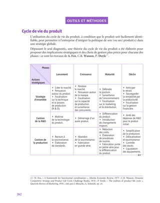 262
outils et méthodes
Cycle de vie du produit
L’utilisation du cycle de vie du produit, à condition que le produit soit facilement identi-
fiable, peut permettre à l’entreprise d’intégrer la politique de son (ou ses) produit(s) dans
une stratégie globale.
Dépassant le seul diagnostic, une théorie du cycle de vie du produit a été élaborée pour
proposer des implications stratégiques et des choix de gestion plus précis pour chacune des
phases : ce sont les travaux de A. Fox, C.R. Wasson, P. Doyle(1)
.
Phases
Actions
stratégiques
Lancement Croissance Maturité Déclin
Stratégie
d’ensemble
•  Créer le marché.
•  Persuasion
autour du produit.
•  Focalisation
sur la technique
et le process
de production
(R  D).
•  Pénétrer
le marché.
•  Persuasion autour
de la marque.
•  Focalisation
sur la capacité
de production
et surveillance
des concurrents.
•  Défendre
la position.
•  Surveillance
de l’environnement.
•  Focalisation
sur le marketing
et la distribution.
•  Anticiper
le retrait.
•  Sauvegarder
la rentabilité par
la productivité.
•  Focalisation
sur la gestion
financière.
Gestion
de la RD
•  Maîtrise
de la technologie
du produit.
•  Démarrage d’un
autre produit.
•  Différenciation
du produit.
•  Introduction
de changements
majeurs.
•  Arrêt des
dépenses de RD
pour le produit
initial.
Gestion de
la production
•  Recours à
la sous-traitance.
•  Élaboration
de standards.
•  Abandon
de la sous-traitance.
•  Fabrication
en grande série.
•  Réduction
des coûts.
•  Élaboration
de procédures
de routine.
•  Fabrication jointe
en petite série pour
la différenciation
du produit.
•  Simplification
de la production.
•  Délocalisation
et sous-traitance.
•  Contrôle
des stocks.
•  Liquidation
des équipements.
(1) H. Fox, « A framework for functionnal coordination », Altanta Economic Review, 1973 ; C.R. Wasson, Dynamic
Competitive Strategy and Product Life Cycle, Challenge Books, 1974 ; P. Doyle, « The realities of product life cycle »,
Quaretly Review of Marketing, 1976 ; cités par J. Allouche, G. Schmidt, op. cit.
 