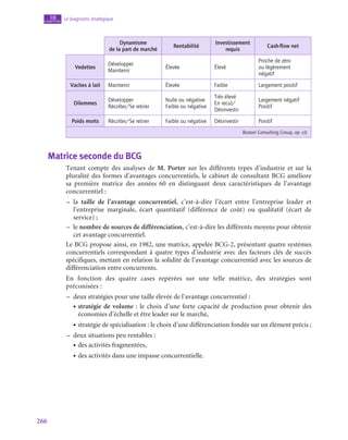 266
Le diagnostic stratégique
10
chapitre
Dynamisme
de la part de marché
Rentabilité
Investissement
requis
Cash-flow net
Vedettes
Développer
Maintenir
Élevée Élevé
Proche de zéro
ou légèrement
négatif
Vaches à lait Maintenir Élevée Faible Largement positif
Dilemmes
Développer
Récolter/Se retirer
Nulle ou négative
Faible ou négative
Très élevé
En recul/
Désinvestir
Largement négatif
Positif
Poids morts Récolter/Se retirer Faible ou négative Désinvestir Positif
Boston Consulting Group, op. cit.
Matrice seconde du BCG
Tenant compte des analyses de M. Porter sur les différents types d’industrie et sur la
pluralité des formes d’avantages concurrentiels, le cabinet de consultant BCG améliore
sa première matrice des années 60 en distinguant deux caractéristiques de l’avantage
concurrentiel :
–
– la taille de l’avantage concurrentiel, c’est-à-dire l’écart entre l’entreprise leader et
l’entreprise marginale, écart quantitatif (différence de coût) ou qualitatif (écart de
service) ;
–
– le nombre de sources de différenciation, c’est-à-dire les différents moyens pour obtenir
cet avantage concurrentiel.
Le BCG propose ainsi, en 1982, une matrice, appelée BCG-2, présentant quatre systèmes
concurrentiels correspondant à quatre types d’industrie avec des facteurs clés de succès
spécifiques, mettant en relation la solidité de l’avantage concurrentiel avec les sources de
différenciation entre concurrents.
En fonction des quatre cases repérées sur une telle matrice, des stratégies sont
préconisées :
–
– deux stratégies pour une taille élevée de l’avantage concurrentiel :
• stratégie de volume : le choix d’une forte capacité de production pour obtenir des
économies d’échelle et être leader sur le marché,
• stratégie de spécialisation : le choix d’une différenciation fondée sur un élément précis ;
–
– deux situations peu rentables :
• des activités fragmentées,
• des activités dans une impasse concurrentielle.
 