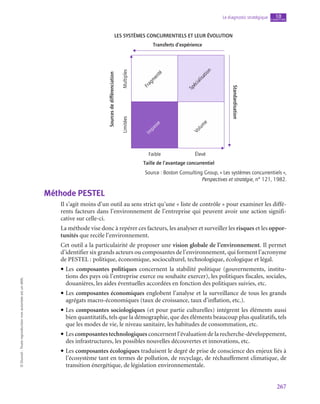 267
Le diagnostic stratégique chapitre
10
©
Dunod
-
Toute
reproduction
non
autorisée
est
un
délit.
Les systèmes concurrentiels et leur évolution
Transferts d’expérience
Sources
de
différenciation
F
r
a
g
m
e
n
t
é
I
m
p
a
s
s
e
S
p
é
c
i
a
l
i
s
a
t
i
o
n
V
o
l
u
m
e
Faible Élevé
Taille de l’avantage concurrentiel
Limitées
Multiples
Standardisation
Source : Boston Consulting Group, « Les systèmes concurrentiels »,
Perspectives et stratégie, n° 121, 1982.
Méthode PESTEL
Il s’agit moins d’un outil au sens strict qu’une « liste de contrôle » pour examiner les diffé-
rents facteurs dans l’environnement de l’entreprise qui peuvent avoir une action signifi-
cative sur celle-ci.
La méthode vise donc à repérer ces facteurs, les analyser et surveiller les risques et les oppor-
tunités que recèle l’environnement.
Cet outil a la particulairité de proposer une vision globale de l’environnement. Il permet
d’identifier six grands acteurs ou composantes de l’environnement, qui forment l’acronyme
de PESTEL : politique, économique, socioculturel, technologique, écologique et légal.
• Les composantes politiques concernent la stabilité politique (gouvernements, institu-
tions des pays où l’entreprise exerce ou souhaite exercer), les politiques fiscales, sociales,
douanières, les aides éventuelles accordées en fonction des politiques suivies, etc.
• Les composantes économiques englobent l’analyse et la surveillance de tous les grands
agrégats macro-économiques (taux de croissance, taux d’inflation, etc.).
• Les composantes sociologiques (et pour partie culturelles) intégrent les éléments aussi
bien quantitatifs, tels que la démographie, que des éléments beaucoup plus qualitatifs, tels
que les modes de vie, le niveau sanitaire, les habitudes de consommation, etc.
• Les composantes technologiques concernent l’évaluation de la recherche-développement,
des infrastructures, les possibles nouvelles découvertes et innovations, etc.
• Les composantes écologiques traduisent le degré de prise de conscience des enjeux liés à
l’écosystème tant en termes de pollution, de recyclage, de réchauffement climatique, de
transition énergétique, de législation environnementale.
 