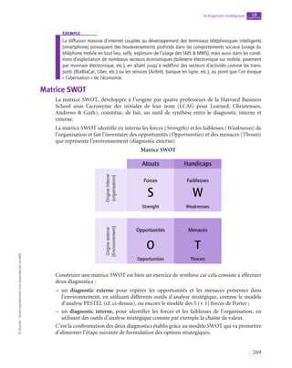 269
Le diagnostic stratégique chapitre
10
©
Dunod
-
Toute
reproduction
non
autorisée
est
un
délit.
exemple
La diffusion massive d’internet couplée au développement des terminaux téléphoniques intelligents
(smartphone) provoquent des bouleversements profonds dans les comportements sociaux (usage du
téléphone mobile en tout lieu, selfy, explosion de l’usage des SMS  MMS), mais aussi dans les condi-
tions d’exploitation de nombreux secteurs économiques (billeterie électronique sur mobile, paiement
par monnaie électronique, etc.), en allant jusqu’à redéfinir des secteurs d’activités comme les trans-
ports (BlaBlaCar, Uber, etc.) ou les services (Airbnb, banque en ligne, etc.), au point que l’on évoque
« l’uberisation » de l’économie.
Matrice SWOT
La matrice SWOT, développée à l’origine par quatre professeurs de la Harvard Business
School sous l’acronyme des initiales de leur nom (LCAG pour Learned, Christensen,
Andrews  Guth), constitue, de fait, un outil de synthèse entre le diagnostic interne et
externe.
La matrice SWOT identifie en interne les forces (Strengths) et les faiblesses (Weaknesses) de
l’organisation et fait l’inventaire des opportunités (Opportunities) et des menaces (Threats)
que représente l’environnement (diagnostic externe)
Matrice SWOT
Atouts
Forces
S
Strenght
Opportunités
O
Opportunities
Origine
Interne
(organisation)
Origine
externe
(Environnement)
Faiblesses
Weaknesses
Handicaps
Menaces
Threats
W
T
Construire une matrice SWOT est bien un exercice de synthèse car cela consiste à effectuer
deux diagnostics :
–
– un diagnostic externe pour repérer les opportunités et les menaces présentes dans
l’environnement, en utilisant différents outils d’analyse stratégique, comme le modèle
d’analyse PESTEL (cf. ci-dessus), ou encore le modèle des 5 (+ 1) forces de Porter ;
–
– un diagnostic interne, pour identifier les forces et les faiblesses de l’organisation, en
utilisant des outils d’analyse stratégique comme par exemple la chaîne de valeur.
C’est la confrontation des deux diagnostics établis grâce au modèle SWOT qui va permettre
d’alimenter l’étape suivante de formulation des options stratégiques.
 