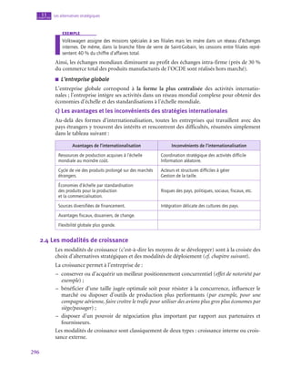 296
Les alternatives stratégiques
11
chapitre
exemple
Volkswagen assigne des missions spéciales à ses filiales mais les insère dans un réseau d’échanges
internes. De même, dans la branche fibre de verre de Saint-Gobain, les cessions entre filiales repré-
sentent 40 % du chiffre d’affaires total.
Ainsi, les échanges mondiaux diminuent au profit des échanges intra-firme (près de 30 %
du commerce total des produits manufacturés de l’OCDE sont réalisés hors marché).
■
■ L’entreprise globale
L’entreprise globale correspond à la forme la plus centralisée des activités internatio-
nales ; l’entreprise intègre ses activités dans un réseau mondial complexe pour obtenir des
économies d’échelle et des standardisations à l’échelle mondiale.
c)  Les avantages et les inconvénients des stratégies internationales
Au-delà des formes d’internationalisation, toutes les entreprises qui travaillent avec des
pays étrangers y trouvent des intérêts et rencontrent des difficultés, résumées simplement
dans le tableau suivant :
Avantages de l’internationalisation Inconvénients de l’internationalisation
Ressources de production acquises à l’échelle
mondiale au moindre coût.
Coordination stratégique des activités difficile
Information aléatoire.
Cycle de vie des produits prolongé sur des marchés
étrangers.
Acteurs et structures difficiles à gérer
Gestion de la taille.
Économies d’échelle par standardisation
des produits pour la production
et la commercialisation.
Risques des pays, politiques, sociaux, fiscaux, etc.
Sources diversifiées de financement. Intégration délicate des cultures des pays.
Avantages fiscaux, douaniers, de change.
Flexibilité globale plus grande.
2.4  Les modalités de croissance
Les modalités de croissance (c’est-à-dire les moyens de se développer) sont à la croisée des
choix d’alternatives stratégiques et des modalités de déploiement (cf. chapitre suivant).
La croissance permet à l’entreprise de :
–
– conserver ou d’acquérir un meilleur positionnement concurrentiel (effet de notoriété par
exemple) ;
–
– bénéficier d’une taille jugée optimale soit pour résister à la concurrence, influencer le
marché ou disposer d’outils de production plus performants (par exemple, pour une
compagne aérienne, faire croître le trafic pour utiliser des avions plus gros plus économes par
siège/passager) ;
–
– disposer d’un pouvoir de négociation plus important par rapport aux partenaires et
fournisseurs.
Les modalités de croissance sont classiquement de deux types : croissance interne ou crois-
sance externe.
 