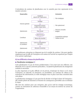 321
Le déploiement stratégique chapitre
12
©
Dunod
-
Toute
reproduction
non
autorisée
est
un
délit.
L’articulation du système de planification avec le contrôle peut être représentée de la
manière suivante :
Finalité et
objectifs de l’organisation
Stratégie
Programmes d’action
et plans moyen terme
Calcul et interprétation
des écarts
Plan annuel
Décisions correctives
Responsables
Direction générale
Plan stratégique
Plan opérationnel
Prévisions annuelles
Budgets
Comptabilité analytique
Tableau de bord
Opérationnels
Opérationnels
Opérationnels
et contrôleurs
Contrôleurs
Instruments
Réalisations
Mesure des résultats
De nombreuses entreprises ne disposent pas de la totalité du système. Cela peut signifier
simplement que la taille de l’entreprise ou la nature de l’activité ne requièrent pas l’emploi
d’un système sophistiqué.
b)  Les différents niveaux de planification
■
■ Planification stratégique d
Cette planification n’a pas de forme prédéterminée. C’est avant tout une réflexion, une
démarche. Il n’y a pas de contrainte particulière, c’est plutôt la planification du changement
souhaité et nécessaire.
Le plus important et le plus difficile est de prévoir, d’anticiper les futurs et d’y situer
l’entreprise, ses objectifs, ses intentions, ses possibilités. Les systèmes de collecte et de
traitement des informations, la veille stratégique mise en place sont donc essentiels dans
cette phase.
La planification stratégique n’a pas pour but de décider et de figer le futur de l’entreprise :
elle canalise plutôt des décisions en fonction de conséquences prévisibles sans en éliminer
le risque.
Elle doit être analysée pour une entreprise, plus qu’un outil de stratégie économique,
comme un instrument de cohérence d’ensemble et un moyen de motiver les acteurs de
l’organisation.
 