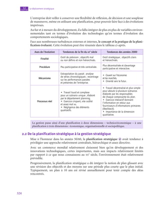324
Le déploiement stratégique
12
chapitre
L’entreprise doit veiller à conserver une flexibilité de réflexion, de décision et une souplesse
de manœuvre, même en utilisant une planification, pour pouvoir faire face à des évolutions
imprévues.
Au fur et à mesure du développement, il a fallu intégrer de plus en plus de variables environ-
nementales tant en termes d’évolution des technologies qu’en termes d’évolution des
comportements sociologiques.
Face aux nombreuses turbulences externes et internes, le concept et la pratique de la plani-
fication évoluent. Cette évolution peut être résumée dans le tableau ci-après.
Axes de l’évolution Tendances de la fin du xx
e
 siècle Tendances des années 2000
Finalité
Outil de prévision ; objectifs mal
ou non définis et non hiérarchisés.
Outil stratégique ; objectifs clairs
et hiérarchisés.
Procédure Peu participative et très centralisée.
Plus décentralisée et davantage
participative et interactive.
Mécanisme
Extrapolation du passé ; analyse
de séries chronologiques ; recentrage
sur les performances passées
et présentes de l’entreprise.
•  Ouvert sur l’économie
et les marchés.
•  Orienté vers le futur.
Processus réel
•  Travail lourd et complexe
pour un scénario unique ; élaboré
par le département planning.
•  Exercice crispant, vite oublié
et assez mal vu.
•  Négligence des éléments
qualitatifs.
•  Travail décentralisé et plus simple
pour aboutir à plusieurs scénarios
élaborés par les responsables
de chaque composante du plan.
•  Exercice interactif donnant
l’information en retour aux
fournisseurs d’informations primaires
(feed-back).
•  Importance de la dimension
qualitative.
La gestion passe ainsi d’une planification à deux dimensions – technico/économique – à une
planification à trois dimensions : économique, organisationnelle et sociopolitique.
2.2  De la planification stratégique à la gestion stratégique
Mise à l’honneur dans les années 50/60, la planification stratégique d avait tendance à
privilégier une approche relativement centralisée, hiérarchique et assez directive.
Avec un commerce mondial relativement cloisonné bien qu’en développement et des
innovations technologiques, certes importantes, mais aux impacts relativement limités
par rapport à ce que nous connaissons au xx
e
 siècle, l’environnement était relativement
prévisible.
Progressivement, la planification stratégique a dû intégrer la notion de plan glissant avec
une révision des objectifs et des moyens sur une période plus courte que le plan initial.
Typiquement, un plan à 10 ans est révisé annuellement pour tenir compte des aléas
rencontrés.
 