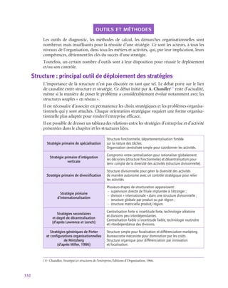 332
outils et méthodes
Les outils de diagnostic, les méthodes de calcul, les démarches organisationnelles sont
nombreux mais insuffisants pour la réussite d’une stratégie. Ce sont les acteurs, à tous les
niveaux de l’organisation, dans tous les métiers et activités, qui, par leur implication, leurs
compétences, détiennent les clés du succès d’une stratégie.
Toutefois, un certain nombre d’outils sont à leur disposition pour réussir le déploiement
et/ou son contrôle.
Structure : principal outil de déploiement des stratégies
L’importance de la structure n’est pas discutée en tant que tel. Le débat porte sur le lien
de causalité entre structure et stratégie. Ce débat initié par A. Chandler(1)
reste d’actualité,
même si la manière de poser le problème a considérablement évolué notamment avec les
structures souples « en réseau ».
Il est nécessaire d’associer en permanence les choix stratégiques et les problèmes organisa-
tionnels qui y sont attachés. Chaque orientation stratégique requiert une forme organisa-
tionnelle plus adaptée pour rendre l’entreprise efficace.
Il est possible de dresser un tableau des relations entre les stratégies d’entreprise et d’activité
présentées dans le chapitre et les structures liées.
Stratégie primaire de spécialisation
Structure fonctionnelle, départementalisation fondée
sur la nature des tâches.
Organisation centralisée simple pour coordonner les activités.
Stratégie primaire d’intégration
verticale
Compromis entre centralisation pour rationaliser globalement
les décisions (structure fonctionnelle) et décentralisation pour
tenir compte de la diversité des activités (structure divisionnelle).
Stratégie primaire de diversification
Structure divisionnelle pour gérer la diversité des activités
de manière autonome avec un contrôle stratégique pour relier
les activités.
Stratégie primaire
d’internationalisation
Plusieurs étapes de structuration apparaissent :
–  supervision directe de filiale implantée à l’étranger ;
–  division « internationale » dans une structure divisionnelle ;
–  structure globale par produit ou par région ;
–  structure matricielle produit/région.
Stratégies secondaires
et degré de décentralisation
(d’après Lawrence et Lorsch)
Centralisation forte si incertitude forte, technologie aléatoire
et divisions peu interdépendantes.
Centralisation faible si incertitude faible, technologie routinière
et interdépendance des divisions.
Stratégies génériques de Porter
et configurations organisationnelles
de Mintzberg
(d’après Miller, 1986)
Structure simple pour focalisation et différenciation marketing.
Bureaucratie mécaniste pour domination par les coûts.
Structure organique pour différenciation par innovation
et focalisation.
(1) Chandler, Stratégies et structures de l’entreprise, Éditions d’Organisation, 1966.
 