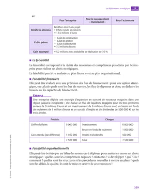 339
Le déploiement stratégique chapitre
12
©
Dunod
-
Toute
reproduction
non
autorisée
est
un
délit.
Pour l’entreprise
Pour le nouveau client
« municipalité »
Pour l’actionnaire
Bénéfices attendus
Bénéfices directs du projet
+ Effets induits et indirects
= 12,5 millions d’euros
Coûts prévus
•  Coût de construction
•  Coût de gestion
•  Coût d’opportunité
= 7,3 millions d’euros
Gain escompté = 5,2 millions avec probabilité de réalisation de 70 %
■
■ La faisabilité
La faisabilité correspond à la réalité des ressources et compétences possédées par l’entre-
prise pour réaliser ses choix stratégiques.
La faisabilité peut être analysée au plan financier et au plan organisationnel.
■
■ Faisabilité financière
Elle peut être évaluée avec une prévision des flux de financement : pour une option straté-
gique, on calcule quels sont les flux de recettes, les flux de dépenses et donc en déduire les
besoins ou les capacités de financement.
Exemple
Une entreprise déploie une stratégie d’expansion en ouvrant de nouveaux magasins dans une
région jusque-là inexploitée ; elle évalue un flux de liquidités dégagées pour les trois premières
années de 9 millions d’euros et un investissement de 6 millions d’euros avec un besoin en fonds
de roulement de 1 million d’euros et un surcoût d’impôts et de dividendes de 500 000 € sur les
trois années.
Produits Charges
Chiffre d’affaires 9 000 000 Investissement 6 000 000
Besoin en fonds de roulement 1 000 000
Gain attendu (par différence) 1 500 000 Impôts et dividendes 500 000
7 500 000 Total 7 500 000
■
■ Faisabilité organisationnelle
Elle peut être évaluée par un bilan des ressources à déployer pour mettre en œuvre un choix
stratégique : quelles sont les compétences requises ? existantes ? à développer ? qui ? où ?
comment ? quelles sont les structures et les procédures nouvelles à mettre en place ? quels
sont les délais, la qualité, le coût de mise en œuvre de ces ressources ?
 