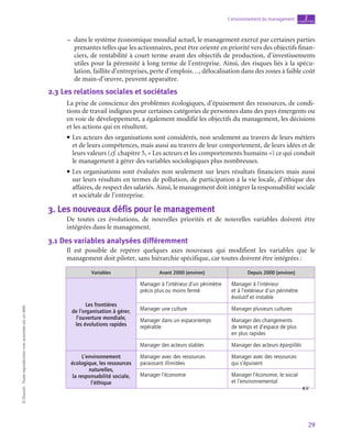 29
L’environnement du management chapitre
2
©
Dunod
-
Toute
reproduction
non
autorisée
est
un
délit.
–
– dans le système économique mondial actuel, le management exercé par certaines parties
prenantes telles que les actionnaires, peut être orienté en priorité vers des objectifs finan-
ciers, de rentabilité à court terme avant des objectifs de production, d’investissements
utiles pour la pérennité à long terme de l’entreprise. Ainsi, des risques liés à la spécu-
lation, faillite d’entreprises, perte d’emplois…, délocalisation dans des zones à faible coût
de main-d’œuvre, peuvent apparaître.
2.3  Les relations sociales et sociétales
La prise de conscience des problèmes écologiques, d’épuisement des ressources, de condi-
tions de travail indignes pour certaines catégories de personnes dans des pays émergents ou
en voie de développement, a également modifié les objectifs du management, les décisions
et les actions qui en résultent.
• Les acteurs des organisations sont considérés, non seulement au travers de leurs métiers
et de leurs compétences, mais aussi au travers de leur comportement, de leurs idées et de
leurs valeurs (cf. chapitre 5, « Les acteurs et les comportements humains ») ce qui conduit
le management à gérer des variables sociologiques plus nombreuses.
• Les organisations sont évaluées non seulement sur leurs résultats financiers mais aussi
sur leurs résultats en termes de pollution, de participation à la vie locale, d’éthique des
affaires, de respect des salariés. Ainsi, le management doit intégrer la responsabilité sociale
et sociétale de l’entreprise.
3.  Les nouveaux défis pour le management
De toutes ces évolutions, de nouvelles priorités et de nouvelles variables doivent être
intégrées dans le management.
3.1  Des variables analysées différemment
Il est possible de repérer quelques axes nouveaux qui modifient les variables que le
management doit piloter, sans hiérarchie spécifique, car toutes doivent être intégrées :
Variables Avant 2000 (environ) Depuis 2000 (environ)
Les frontières
de l’organisation à gérer,
l’ouverture mondiale,
les évolutions rapides
Manager à l’intérieur d’un périmètre
précis plus ou moins fermé
Manager à l’intérieur
et à l’extérieur d’un périmètre
évolutif et instable
Manager une culture Manager plusieurs cultures
Manager dans un espace-temps
repérable
Manager des changements
de temps et d’espace de plus
en plus rapides
Manager des acteurs stables Manager des acteurs éparpillés
L’environnement
écologique, les ressources
naturelles,
la responsabilité sociale,
l’éthique
Manager avec des ressources
paraissant illimitées
Manager avec des ressources
qui s’épuisent
Manager l’économie Manager l’économie, le social
et l’environnemental
 