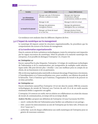 30
L’environnement du management
2
chapitre
Variables Avant 2000 (environ) Depuis 2000 (environ)
Les informations
et la communication
Manager avec peu d’informations
difficiles à collecter et à traiter
Manager avec beaucoup
d’informations affluant
en permanence, traitées en continu
Manager le réel Manager le réel et le virtuel
Le travail et le pouvoir
Manager des générations
homogènes d’acteurs
Manager des générations
hétérogènes face au numérique
Manager une forme de travail
en un seul lieu
Manager plusieurs formes
de travail dans plusieurs lieux
Ces tendances sont analysées dans les différents chapitres du livre.
3.2  L’impact du numérique sur le management
Le numérique d impacte autant les structures organisationnelles, les procédures que les
comportements des acteurs et les formes de management.
a)  La transformation organisationnelle
Dans le contexte de fortes turbulences technologiques, toutes les entreprises sont impactées
par les vagues successives du numérique. Selon les périodes et la maturité numérique des
entreprises, il est possible de distinguer l’entreprise 1.0, 2.0 puis 3.0.
■
■ L’entreprise 1.0
Encore aujourd’hui la plus fréquente, l’entreprise 1.0 intègre de nombreuses technologies
de l’information et de la communication, par juxtaposition de multiples outils informa-
tiques isolés. Elle peut devenir plus « étendue » avec une meilleure prise en compte de ses
clients, de ses fournisseurs et de ses partenaires.
Elle est devenue également plus matricielle en donnant davantage d’importance à la mission,
à l’interdépendance et à l’autocoordination avec, pour corollaire, une dilution du poids de
la hiérarchie. Tant à l’intérieur qu’à l’extérieur, l’organisation du travail et du pouvoir en
est donc perturbée.
■
■ L’entreprise 2.0
Encore minoritaire aujourd’hui, l’entreprise 2.0 est née dans les années 2000 des avancées
technologiques du monde de l’internet avec l’arrivée du web 2.0 et de ses outils associés
résolument dédiés à augmenter son agilité.
L’entreprise 2.0 connecte ses outils, met en relation ses collaborateurs en créant des réseaux
de travail, de communication, en temps réel ou en temps décalé.
Andrew McAfee a proposé une définition de l’entreprise 2.0 sous l’acronyme SLATES :
–
– search : recherche libre de l’information pour faciliter son utilisation et son partage ;
–
– links : assurer les interconnexions au sein de l’entreprise par les liens web, 24 heures sur
24 et 7 jours sur 7 ;
–
– authorship : accès de chaque collaborateur aux outils numériques de l’entreprise pour en
générer de nouveaux contenus ;
 