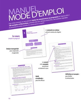 Clair et bien structuré, le cours présente toutes les connaissances au programme de l’épreuve DCG 7.
180 exemples et illustrations, présentés dans des rubriques distinctives, sont aisément repérables
et permettent de mieux assimiler les connaissances à acquérir.
MANUEL
MODED’EMPLOI
Outils
etméthodes:
pourêtreefficace
Lesencarts
etlesexemples
enrichissent
etéclairentlecours
Définitionsetconcepts:
pourfaciliter
lamémorisation
Lesommaireenschéma
préciselecontenuduchapitre
Le cours
complet et progressif
Analysemanagériale
pourcomprendre
etapprendre
105
5 Les acteurs
et leur comportement
Analyse managériale
1. Les acteurs sont essentiels
2. Il faut manager les acteurs
3. Les acteurs et le numérique
Définitions et concepts
Acteur • Individu • Groupe • Manager •
Entrepreneur • Motivation • Parties prenantes •
Actionnaire • Coopération • Conflit
• Comportement
Outils et méthodes
Approche behavouriale • Approche
sociologique de l’acteur • Approche sociologie
d’un groupe • Approche par les conventions
ANALYSE MANAGÉRIALE
1. Les acteurs sont essentiels
Pour J. Bodin, juriste du 17e
 siècle, « il n’est de richesse que d’hommes ». Que dire aujourd’hui ?
La représentation des acteurs d a beaucoup évolué. Les formalisations des pratiques et des
recherches passent d’une vision « sujet passif » administré comme une ressource stable sans
résistance, à une vision sociologique beaucoup plus riche d’« acteur avec des intérêts et des
comportements » sources de potentialités et de freins.
Il est intéressant de comprendre les apports des théories en séparant le travail du compor-
tement pour distinguer la diversité des acteurs avant d’analyser leur management dans
l’organisation (comme individu et comme groupe).
(Le management opérationnel des ressources humaines est présenté chapitre 16, « Gérer les
ressources humaines.)
379
©
Dunod
-
Toute
reprodu
ction
non
autorisé
e
est
un
délit.
OUTILS ET MÉTHODES
Planification des besoins en composant (PBC ou MRP en anglais)
Principe du MRP : le MRP est né de la mise en évidence du fait qu’il existe deux types de
besoins : indépendants (commandes d’un client : à estimer par prévision) ou dépendants
(besoins en sous-ensembles générés par le produit commandé : à calculer). En partant d’un
produit fini, les besoins bruts en composants sont calculés d’après la nomenclature, c’est-
à-dire les différents niveaux de décomposition du produit.
Des multiplications successives de matrices permettent de déterminer les composants
nécessaires, en intégrant le niveau des stocks actuels et le niveau des stocks désirés.
Cette méthode reposant entièrement sur l’outil informatique, l’exactitude et la mise à jour
de tous les fichiers (prévision des ventes, nomenclatures, gammes de fabrication, etc.) sont
donc essentielles.
L’existence de ces progiciels MRP a provoqué une conversion massive à l’informatique de
production mais les progiciels MRP s’appliquent mal à des entreprises pour lesquelles le
catalogue des produits n’est pas stabilisé ou bien si la notion de nomenclature de produit
n’a pas de signification.
Méthode SMED, Single Minute Exchange of Die :
changement d’outils en moins de « 10 minutes »
Il s’agit, pour chaque poste de travail, machine ou robot, de déterminer quels sont les gestes,
les outils, les procédures, les emplacements à modifier, pour gagner en temps, en pénibilité,
lorsque l’on doit changer une pièce, ou passer d’une série à une autre. Les opérateurs, par
leurs pratiques et leur expérience sur les postes de travail, trouvent des idées pour réduire
ces temps de changement d’outils. Par exemple, sur des machines outils industriels, on est
passé en moyenne, de 8 heures de temps d’arrêt pour changer une ligne de production dans
les années 80 à moins de 30 minutes dans les années 2000.
Pilotage par l’amont
Les flux physiques de production et les flux d’information pour gérer cette production vont
dans le même sens.
Flux physiques Phase 1 Phase 2
Flux d’informations
Demande
prévue
Plan
directeur
Calcul
des besoins
la
n
ce
m
en
t
la
n
ce
m
en
t
195
©
Dunod
-
Toute
reprodu
ction
non
autorisé
e
est
un
délit.
DÉFINITIONS ET CONCEPTS
Décision
Decidere en latin veut dire trancher.
EXEMPLE
Les concurrents grignotent des parts de marché : quelle(s) décision(s) prendre pour regagner nos posi-
tions face à leurs actions ?
Une décision est un choix effectué à un moment donné, dans un contexte donné, parmi
plusieurs possibilités, pour impulser des actions d’ampleur et de durée variables.
• Selon J. Mélèse(1)
, « la décision est le comportement de l’homme qui opère des choix dans
une situation d’information partielle ».
• Selon J. Nizard(2)
, « la décision est une ligne d’action consciemment choisie parmi un
certain nombre de possibilités, dans le but de réduire une insatisfaction perçue face à un
problème ; ce choix suppose un traitement d’informations selon des critères de choix et
une volonté de réalisation ».
• H. Mintzberg
(3)
analyse la décision comme un processus qui consiste à être, en perma-
nence, placé devant des choix.
Quelle que soit la définition retenue (celles énoncées ci-dessus ou d’autres), on peut repérer
trois points essentiels pour caractériser une décision :
– la perception d’un problème et la nécessité de le résoudre ;
– l’utilisation d’informations pertinentes pour mieux comprendre le problème, ses dimen-
sions et les alternatives possibles ;
– des critères de sélection pour aboutir à un choix.
EXEMPLE
L’entreprise a des difficultés de trésorerie (perception du problème), il faut collecter des informa-
tions sur les crédits aux clients, les crédits des fournisseurs, les conditions bancaires (informations
pertinentes) et retenir des critères de rentabilité, de sécurité, de solvabilité pour juger les solutions
envisageables.
Processus décisionnel
Ensemble des étapes nécessaires pour aboutir à un choix, pour une personne ou pour un
collectif. La décision émerge après des réflexions, des comparaisons, des collectes d’infor-
mations sur la situation à analyser.
Modèle décisionnel
Formalisations établies par différents auteurs pour représenter les différentes étapes du
processus de décision. Des formalisations ont été élaborées pour essayer de représenter
(1) J. Mélèse, La gestion par les systèmes, Hommes et Techniques, 1979.
(2) J. Nizard, 50 mots clefs pour le management, Privat, 1986.
(3) H. Mintzberg, Structure et dynamique des organisations, Éditions d’Organisation, 1984.
VI
 