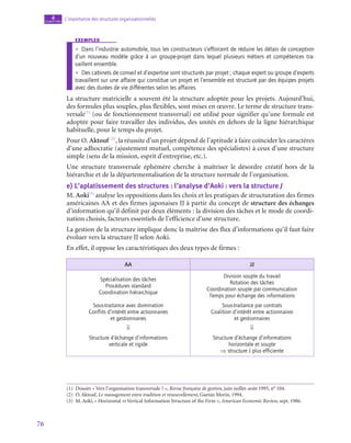 76
L’importance des structures organisationnelles
4
chapitre
exemples
•
• Dans l’industrie automobile, tous les constructeurs s’efforcent de réduire les délais de conception
d’un nouveau modèle grâce à un groupe-projet dans lequel plusieurs métiers et compétences tra-
vaillent ensemble.
•
• Des cabinets de conseil et d’expertise sont structurés par projet ; chaque expert ou groupe d’experts
travaillent sur une affaire qui constitue un projet et l’ensemble est structuré par des équipes projets
avec des durées de vie différentes selon les affaires.
La structure matricielle a souvent été la structure adoptée pour les projets. Aujourd’hui,
des formules plus souples, plus flexibles, sont mises en œuvre. Le terme de structure trans-
versale(1)
(ou de fonctionnement transversal) est utilisé pour signifier qu’une formule est
adoptée pour faire travailler des individus, des unités en dehors de la ligne hiérarchique
habituelle, pour le temps du projet.
Pour O. Aktouf (2)
, la réussite d’un projet dépend de l’aptitude à faire coïncider les caractères
d’une adhocratie (ajustement mutuel, compétence des spécialistes) à ceux d’une structure
simple (sens de la mission, esprit d’entreprise, etc.).
Une structure transversale éphémère cherche à maîtriser le désordre créatif hors de la
hiérarchie et de la départementalisation de la structure normale de l’organisation.
e)  L’aplatissement des structures : l’analyse d’Aoki : vers la structure J
M. Aoki(3)
analyse les oppositions dans les choix et les pratiques de structuration des firmes
américaines AA et des firmes japonaises JJ à partir du concept de structure des échanges
d’information qu’il définit par deux éléments : la division des tâches et le mode de coordi-
nation choisis, facteurs essentiels de l’efficience d’une structure.
La gestion de la structure implique donc la maîtrise des flux d’informations qu’il faut faire
évoluer vers la structure JJ selon Aoki.
En effet, il oppose les caractéristiques des deux types de firmes :
AA JJ
Spécialisation des tâches
Procédures standard
Coordination hiérarchique
Division souple du travail
Rotation des tâches
Coordination souple par communication
Temps pour échange des informations
Sous-traitance avec domination
Conflits d’intérêt entre actionnaires
et gestionnaires
Sous-traitance par contrats
Coalition d’intérêt entre actionnaires
et gestionnaires
⇓ ⇓
Structure d’échange d’informations
verticale et rigide
Structure d’échange d’informations
horizontale et souple
⇒ structure J plus efficiente
(1)  Dossier « Vers l’organisation transversale ? », Revue française de gestion, juin-juillet-août 1995, n° 104.
(2)  O. Aktouf, Le management entre tradition et renouvellement, Gaetan Morin, 1994.
(3)  M. Aoki, « Horizontal vs Vertical Information Structure of the Firm », American Economic Review, sept. 1986.
 