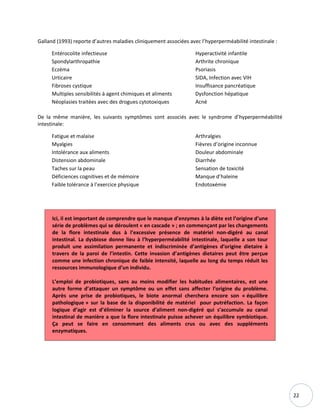 22
Galland (1993) reporte d’autres maladies cliniquement associées avec l’hyperperméabilité intestinale :
Entérocolite infectieuse Hyperactivité infantile
Spondylarthropathie Arthrite chronique
Eczéma Psoriasis
Urticaire SIDA, Infection avec VIH
Fibroses cystique Insuffisance pancréatique
Multiples sensibilités à agent chimiques et aliments Dysfonction hépatique
Néoplasies traitées avec des drogues cytotoxiques Acné
De la même manière, les suivants symptômes sont associés avec le syndrome d’hyperperméabilité
intestinale:
Fatigue et malaise Arthralgies
Myalgies Fièvres d’origine inconnue
Intolérance aux aliments Douleur abdominale
Distension abdominale Diarrhée
Taches sur la peau Sensation de toxicité
Déficiences cognitives et de mémoire Manque d’haleine
Faible tolérance à l’exercice physique Endotoxémie
Ici, il est important de comprendre que le manque d’enzymes à la diète est l’origine d’une
série de problèmes qui se déroulent « en cascade » ; en commençant par les changements
de la flore intestinale dus à l’excessive présence de matériel non-digéré au canal
intestinal. La dysbiose donne lieu à l’hyperperméabilité intestinale, laquelle a son tour
produit une assimilation permanente et indiscriminée d’antigènes d’origine dietaire à
travers de la paroi de l’intestin. Cette invasion d’antigènes dietaires peut être perçue
comme une infection chronique de faible intensité, laquelle au long du temps réduit les
ressources immunologique d’un individu.
L’emploi de probiotiques, sans au moins modifier les habitudes alimentaires, est une
autre forme d’attaquer un symptôme ou un effet sans affecter l’origine du problème.
Après une prise de probiotiques, le biote anormal cherchera encore son « équilibre
pathologique » sur la base de la disponibilité de matériel pour putréfaction. La façon
logique d’agir est d’éliminer la source d’aliment non-digéré qui s’accumule au canal
intestinal de manière a que la flore intestinale puisse achever un équilibre symbiotique.
Ça peut se faire en consommant des aliments crus ou avec des suppléments
enzymatiques.
 