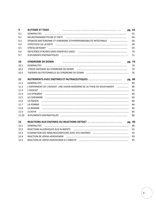 3
9 AUTISME ET TDAH . . . . . . . . . . . . . . . . . . . . . . . . . . . . . . . . . . . . . . . . . . pg. 65
9.1 GENERALITES ………………………………………………………………………………….……………………………………… 65
9.2 NEUROTRANSMETTEURS ET DIETE …………………………………………….…………………………………………… 66
9.3 DYSBIOSE BACTERIENNE ET SYNDROME D’HYPERPERMEABILITE INTESTINALE ………………………… 66
9.4 HYPOTHESE DE LA DIETE …………………………………………………………..……………………….………………….…. 68
9.5 STRESS OXYDANT ……………………………………………………………………………………………………………..……… 69
9.6 DEFICIENCE D’ACIDES GRAS ESSENTIELS (AGE) …………………………………………………………….…….…… 70
9.7 SUPLEMENTS ENZYMATIQUES …………………………………………………………………………………................… 71
10 SYNDROME DE DOWN . . . . . . . . . . . . . . . . . . . . . . . . . . . . . . . . . . . . . . . . . . pg. 74
10.1 GENERALITES ……………………………………………………………………………………………………………………….…. 74
10.2 STRESS OXYDANT AU SYNDROME DE DOWN ……………………………………………………………………..…… 75
10.3 THERAPIE NUTRITIONNELLE AU SYNDROME DE DOWN …………………………………………….…………..…… 76
11 NUTRIMENTS AVEC ENZYMES ET NUTRACEUTIQUES . . . . . . . . . . . . . . . . . . . . . . . . pg. 80
11.1 GENERALITES ………………………………………………………………………………………………………………………….….. 80
11.2 L’EXPERIMENT DE L’AVOCAT: UNE VISION MODERNE DE LA THESE DE KOUCHAKOFF ………………. 80
11.3 L’AVOCAT …………………………………………………………………………………………………………………..…………….… 81
11.4 LES EPINARDS ……………………………………………………………………………………….…………………………………… 83
11.5 LE CORIANDRE ……………………………………………………………………………………………………………….…………… 83
11.6 LA PAPAYE ……………………….……………………………………………………………………….………………………………… 84
11.7 LA POMME …………………………………………………………………………………………………………………………..……… 84
11.8 LA BANANE ………………………………………………………………………………………………………………………...……… 85
11.9 LE KEFIR …………………………………………………………………………………………………………………………….………… 85
11.10 SUPLEMENTS ENZYMATIQUES …………………………………………………………………………………………………… 86
12 REACTIONS AUX ENZYMES OU REACTIONS DETOX? . . . . . . . . . . . . . . . . . . . . . . . . . pg. 90
12.1 GENERALITES …………………………………………………………………….………………………………………….………….…. 90
12.2 REACTIONS ALLERGIQUES AUX ALIMENTS ………………………………………………………………………………… 91
12.3 ELIMINATION DES IMMUNOCOMPLEXES AVEC DES ENZYMES …………………………………………………… 92
12.4 REACTION DE JERISH-HERZHEIMER ………………………………………………………………………………….………… 93
12.5 REACTION DE JERISH-HERZHEIMER A L’OBESITE ……………………………………………………………………….. 95
 