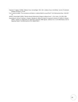 53
Suganami T, Ogawa Y (2010); “Adipeux tissue macrophages: their role in adipeux tissue remodeling”; Journal of Leukocyte
Biology; Vol. 88, No. 1, 33-39.
Tsai F, Coyle WJ (2009); “The microbiome and obesity: is obesity linked to our gut flora?”; Curr Gastroenterol Rep.; 11(4):307-
13.
Wellen K, Hotamisligil G (2003); “Obesity-induced inflammatory changes in adipeux tissue”; J. Clin. Invest.; 112:1785–1788.
Ziouzenkova O, Perrey S, Asatryan L, Hwang J, MacNaul KL, Moller DE, Rader DJ, Sevanian A, Zechner R, Hoefler G, Plutzky J
(2003); “Lipolysis of triglyceride-rich lipoproteins generates PPAR ligands: evidence for an anti-inflammatory role for
lipoprotein lipase”; Proc Natl Acad Sci U S A.; 100(5):2730-5.
 