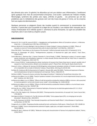 87
des aliments plus sains. En général, les désordres qui ont une relation avec inflammation, s’améliorent
après quelques trois mois de consommation d’enzymes. C’est-à-dire : syndrome de l’intestin irritable,
fibromyalgie, syndrome des jambes sans repos, arthrites et goutte. Les personnes qui ont des
problèmes avec le métabolisme des graisses vont voir des traces de graisse à l’urine, car les enzymes
font une espèce de désintoxication.
Quelques personnes se plaignent d’avoir des troubles quand ils commencent la consommation des
enzymes. Il parait bien que la quantité et le degré de ces troubles a une relation bien marquée avec le
niveau d’intoxication d’un individu quand il commence la prise d’enzymes. Ce sujet est considéré très
important, donc il sera traité au chapitre suivant.
BIBLIOGRAPHIE
Aissaoui A1, Zizi S, Israili ZH, Lyoussi B (2011) ; « Hypoglycemic and hypolipidemic effects of Coriandrum sativum L. in Meriones
shawi rats » ; J Ethnopharmacol. 2011 Sep 1;137(1):652-61.
Alvizouri-Muñoz M, Carranza-Madrigal J, Herrera-Abarca JE, Chávez-Carbajal F, Amezcua-Gastelum JL (1992); “Effects of
avocado as a source of monounsaturated fatty acids on plasma lipid levels”; Arch Med Res.; 23(4):163-7.
Chace EM (1922); “Some Notes on the Enzymes of the Avocado”; California Avocado Society 1921-22 Yearbook 8: 52-53.
Balasuriya N, Rupasinghe HP (2012); “Antihypertensive properties of flavonoid-rich apple peel extract”; Food Chem.;
135(4):2320-5.
Castro-Mercado E, Martinez-Diaz Y, Roman-Tehandon N, Garcia-Pineda E (2009); “Biochemical analysis of reactive oxygen
species production and antioxidative responses in unripe avocado (Persea americana Mill var Hass) fruits in response to
wounding”; Protoplasma.; 235(1-4):67-76.
Chen K, Arora R (2013); “Understanding the cellular mechanism of recovery from freeze-thaw injury in spinach: possible role of
aquaporins, heat shock proteins, dehydrin and antioxidant system”; Physiol Plant. 2013 Aug 26. *Epub ahead of print+.
Cioanca O, Hritcu L, Mihasan M, Hancianu M (2013)Cognitive-enhancing and antioxidant activities of inhaled coriander volatile
oil in amyloid β(1-42) rat model of Alzheimer's disease. Physiol Behav. 2013 Aug 15;120:193-202.
Da Mota RV, Cordenunsi BR, Do Nascimento JR, Purgatto E, Rosseto MR, Lajolo FM (2002); “Activity and expression of banana
starch phosphorylases during fruit development and ripening”; Planta.; 216(2):325-33.
DeFelice K (2005), “Enzymes for Autism and other Neurological Conditions”. Published by ThunderSnow Interactive, USA.
de Moreno de LeBlanc A, et al. (2006); “Study of cytokines involved in the prevention of a murine experimental breast cancer by
kefir”; Cytokine; Vol. 34(1-2):1-8.
de Moreno de LeBlanc A, et al. (2005a); “Effects of milk fermented by Lactobacillus helveticus R389 on immune cells associated
to mammary glands in normal and a breast cancer model”; Immunobiology; Vol. 210(5):349-58.
de Moreno de LeBlanc A, et al. (2005b); “Effects of milk fermented by Lactobacillus helveticus R389 on a murine breast cancer
model”, Breast Cancer Res.; 7(4):R477-86.
de Vrese M, et al. (1992); “Enhancement of intestinal hydrolysis of lactose by microbial beta-galactosidase (EC 3.2.1.23) of
kefir”; Br J Nutr.; 67(1):67-75.
Ding H, Chin YW, Kinghorn AD, D'Ambrosio SM (2007); “Chemopreventive characteristics of avocado fruit’; Semin Cancer Biol.;
17(5):386-94.
Domínguez de María P, Sinisterra JV, Tsai SW, Alcántara AR (2006); “Carica papaya lipase (CPL): an emerging and versatile
biocatalyst”; Biotechnol Adv.; 24(5):493-9.
Dreher ML, Davenport AJ (2013); “Hass Avocado Composition and Potential Health Effects”; Critical Reviews in Food Science
and Nutrition, 53:738–750.
Frengova GI, et al. (2002); “Exopolysaccharides produced by lactic acid bacteria of kefir grains. Z Naturforsch; 57(9- 10):805-10.
Gerhauser C (2008); “Cancer chemopreventive potential of apples, apple juice, and apple components”; Planta Med.;
74(13):1608-24.
Gooding PS, Bird C, Robinson SP (2001); “Molecular cloning and characterization of banana fruit polyphenol oxidase”; Planta.;
213(5):748-57.
 