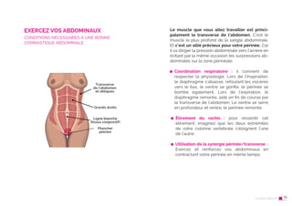 28 Le post-partum
EXERCEZ VOS ABDOMINAUX
CONDITIONS NÉCESSAIRES À UNE BONNE
GYMNASTIQUE ABDOMINALE
Transverse
de l’abdomen
et obliques
Grands droits
Ligne blanche
(tissus conjonctif)
Plancher
pelvien
29
Le muscle que vous allez travailler est princi-
palement le transverse de l’abdomen. C’est le
muscle le plus profond de la sangle abdominale.
Et c’est un allié précieux pour votre périnée. Car
il va diriger la pression abdominale vers l’arrière en
évitant par la même occasion les surpressions ab-
dominales sur la zone périnéale.
Coordination respiratoire : il convient de
respecter la physiologie. Lors de l’inspiration,
le diaphragme s’abaisse, refoulant les viscères
vers le bas, le ventre se gonﬂe, le périnée se
bombe également. Lors de l’expiration, le
diaphragme remonte, aidé en fin de course par
le transverse de l’abdomen. Le ventre se serre
en profondeur et rentre, le périnée remonte.
Étirement du rachis : pour ressentir cet
étirement, imaginez que les deux extrémités
de votre colonne vertebrale s’éloignent l’une
de l’autre.
Utilisation de la synergie périnée/transverse :
Exercez et renforcez vos abdominaux en
contractant votre périnée en même temps.
Le post-partum 15
 