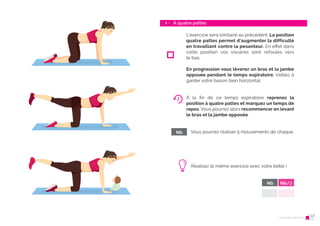 32 Le post-partum
2 - À quatre pattes
33
L’exercice sera similaire au précédent. La position
quatre pattes permet d’augmenter la difficulté
en travaillant contre la pesanteur. En effet dans
cette position vos viscères sont refoulés vers
le bas.
En progression vous lèverez un bras et la jambe
opposée pendant le temps expiratoire. Veillez à
garder votre bassin bien horizontal.
À la fin de ce temps expiratoire reprenez la
position à quatre pattes et marquez un temps de
repos. Vous pourrez alors recommencer en levant
le bras et la jambe opposée.
Vous pourrez réaliser 5 mouvements de chaque.
Réalisez le même exercice avec votre bébé !
Nb
Nb Nb/J
Le post-partum 17
 