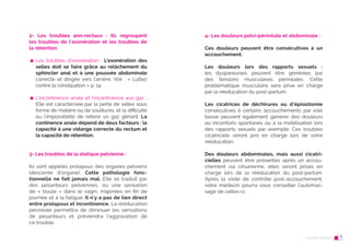 9
4- Les douleurs pelvi-périnéale et abdominale :
Ces douleurs peuvent être consécutives à un
accouchement.
Les douleurs lors des rapports sexuels :
les dyspareunies peuvent être générées par
des tensions musculaires périnéales. Cette
problématique musculaire sera prise en charge
par la rééducation du post-partum.
Les cicatrices de déchirures ou d’épisiotomie
consécutives à certains accouchements par voie
basse peuvent également générer des douleurs
ou inconforts spontanés ou à la mobilisation lors
des rapports sexuels par exemple. Ces troubles
cicatriciels seront pris en charge lors de votre
rééducation.
Des douleurs abdominales, mais aussi cicatri-
cielles peuvent être présentes après un accou-
chement via césarienne, elles seront prises en
charge lors de la rééducation du post-partum.
Après la visite de contrôle post-accouchement,
votre médecin pourra vous conseiller l’automas-
sage de celles-ci.
2- Les troubles ano-rectaux : Ils regroupent
les troubles de l’exonération et les troubles de
la rétention.

Les troubles d’exonération : L’exonération des
selles doit se faire grâce au relâchement du
sphincter anal et à une poussée abdominale
correcte et dirigée vers l’arrière. Voir : « Luttez
contre la constipation » p. 14.

L’incontinence anale et l’incontinence aux gaz :
Elle est caractérisée par la perte de selles sous
forme de matière ou de souillures, et la difficulté
ou l’impossibilité de retenir un gaz gênant. La
continence anale dépend de deux facteurs : la
capacité à une vidange correcte du rectum et
la capacité de rétention.
3- Les troubles de la statique pelvienne :
Ils sont appelés prolapsus des organes pelviens
(descente d’organe). Cette pathologie fonc-
tionnelle ne fait jamais mal. Elle se traduit par
des pesanteurs pelviennes, ou une sensation
de « boule » dans le vagin, majorées en fin de
journée et à la fatigue. Il n’y a pas de lien direct
entre prolapsus et incontinence. La rééducation
périnéale permettra de diminuer les sensations
de pesanteurs et préviendra l’aggravation de
ce trouble.
Le post-partum 5
 
