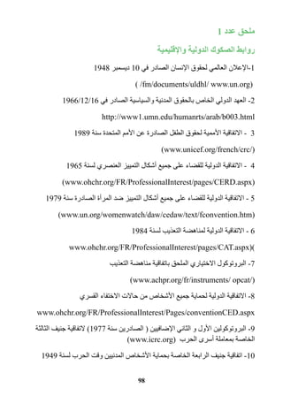 98 
ملحق عدد 1 
روابط الصكوك الدولية والإقليمية 
-1 الإعلان العالمي لحقوق الإنسان الصادر في 10 ديسمبر 1948 
) /fm/documents/uldhl/ www.un.org( 
-2 العهد الدولي الخاص بالحقوق المدنية والسياسية الصادر في 16 / 12 / 1966 
http://www1.umn.edu/humanrts/arab/b003.html 
3 - الاتفاقية الأممية لحقوق الطفل الصادرة عن الأمم المتحدة سنة 1989 
(www.unicef.org/french/crc/) 
4 - الاتفاقية الدولية للقضاء على جميع أشكال التمييز العنصري لسنة 1965 
(www.ohchr.org/FR/ProfessionalInterest/pages/CERD.aspx) 
5 - الاتفاقية الدولية للقضاء على جميع أشكال التمييز ضد المرأة الصادرة سنة 1979 
)www.un.org/womenwatch/daw/cedaw/text/fconvention.htm) 
6 - الاتفاقية الدولية لمناهضة التعذيب لسنة 1984 
www.ohchr.org/FR/ProfessionalInterest/pages/CAT.aspx)) 
-7 البروتوكول الاختياري الملحق باتفاقية مناهضة التعذيب 
(www.achpr.org/fr/instruments/ opcat/) 
-8 الاتفاقية الدولية لحماية جميع الأشخاص من حالات الاختفاء القسري 
www.ohchr.org/FR/ProfessionalInterest/Pages/conventionCED.aspx 
-9 البروتوكولين الأول و الثاني الإضافيين ) الصادرين سنة 1977 ( لاتفاقية جنيف الثالثة 
الخاصة بمعاملة أسرى الحرب ( )www.icrc.org 
-10 اتفاقية جنيف الرابعة الخاصة بحماية الأشخاص المدنيين وقت الحرب لسنة 1949 
 