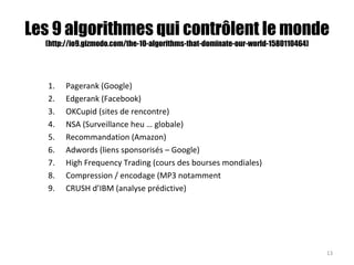 Les 9 algorithmes qui contrôlent le monde
(http://io9.gizmodo.com/the-10-algorithms-that-dominate-our-world-1580110464)
1. Pagerank (Google)
2. Edgerank (Facebook)
3. OKCupid (sites de rencontre)
4. NSA (Surveillance heu … globale)
5. Recommandation (Amazon)
6. Adwords (liens sponsorisés – Google)
7. High Frequency Trading (cours des bourses mondiales)
8. Compression / encodage (MP3 notamment
9. CRUSH d’IBM (analyse prédictive)
13
 
