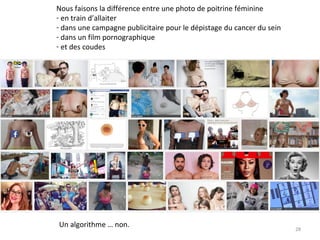 Nous faisons la différence entre une photo de poitrine féminine
- en train d’allaiter
- dans une campagne publicitaire pour le dépistage du cancer du sein
- dans un film pornographique
- et des coudes
Un algorithme … non. 28
 