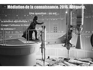 Médiation de la connaissance. 2016. Allégorie.
3
La puissance algorithmique ?
L’usager l’utilisateur le client ?
Le médiateur ?
Une question : où est …
 