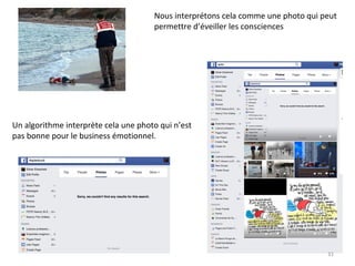 Nous interprétons cela comme une photo qui peut
permettre d’éveiller les consciences
Un algorithme interprète cela une photo qui n’est
pas bonne pour le business émotionnel.
31
 