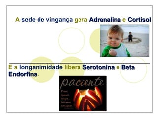 A  sede de vingança  gera  Adrenalina  e  Cortisol _________________________________________ E a  longanimidade  libera  Serotonina  e  Beta Endorfina . 