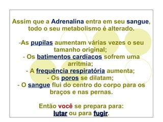 Assim que a  Adrenalina  entra em seu  sangue , todo o seu metabolismo é alterado. As  pupilas  aumentam várias vezes o seu tamanho original;  Os  batimentos cardíacos  sofrem uma arritmia;  A  frequência   respiratória  aumenta;  Os  poros  se dilatam;  O  sangue  flui do centro do corpo para os braços e nas pernas. Então  você  se prepara para: lutar  ou para  fugir . 