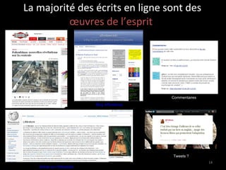 La majorité des écrits en ligne sont des  œuvres de l’esprit   Blog Affordance Article sur Wikipédia  Commentaires Tweets ?   