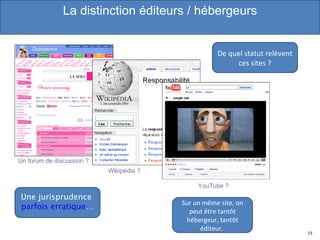 Un forum de discussion ? Wikipédia ?  YouTube ?  De quel statut relèvent ces sites ? La distinction éditeurs / hébergeurs Un forum de discussion ? Une jurisprudence  parfois erratique … Sur un même site, on peut être tantôt hébergeur, tantôt éditeur.  