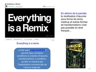 Everything is a remix Le fair use ( usage équitable ) permet dans certaines conditions la création d’œuvres transformatives, à condition qu’elle ne menace pas l’exploitation commerciale de l’œuvre originale  En dehors de la parodie , la réutilisation d’œuvres sous forme de remix, mashup et autres formes de transformations n’est pas possible en droit français…  