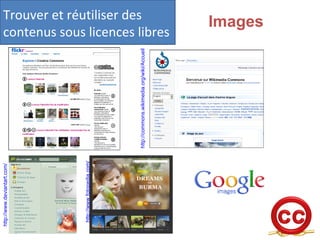 Trouver et réutiliser des contenus sous licences libres Images http://www.deviantart.com/ http://www.fotopedia.com/ http://commons.wikimedia.org/wiki/Accueil 