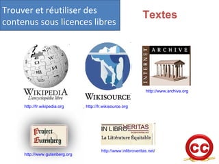 Trouver et réutiliser des contenus sous licences libres Textes http://fr.wikipedia.org http://fr.wikisource.org http://www.archive.org http://www.gutenberg.org http://www.inlibroveritas.net / 