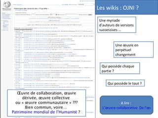 Les wikis : OJNI ?  Une myriade d’auteurs de versions successives … Une œuvre en perpétuel changement Qui possède chaque partie ? Qui possède le tout ? Œuvre de collaboration, œuvre dérivée, œuvre collective  ou « œuvre communautaire » ??? Bien commun, voire…  Patrimoine mondial de l’Humanité  ?  A lire :  L’œuvre collaborative. De l’œuvre de collaboration à l’œuvre libre.   