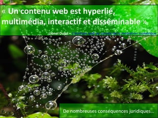 «  Un contenu web est hyperlié, multimédia, interactif et disséminable  » Lionel Dujol  –  L’écriture web au service de la médiation numérique De nombreuses conséquences juridiques… 