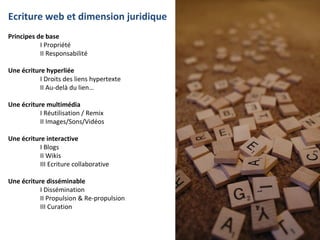 Ecriture web et dimension juridique  Principes de base  I Propriété II Responsabilité Une écriture hyperliée I Droits des liens hypertexte II Au-delà du lien… Une écriture multimédia I Réutilisation / Remix II Images/Sons/Vidéos Une écriture interactive I Blogs  II Wikis III Ecriture collaborative Une écriture disséminable I Dissémination II Propulsion & Re-propulsion III Curation 