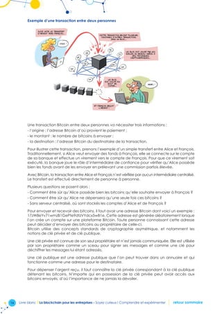 16 Livre blanc I La blockchain pour les entreprises - Soyez curieux ! Comprendre et expérimenter retour sommaire
Exemple d’une transaction entre deux personnes
Une transaction Bitcoin entre deux personnes va nécessiter trois informations :
- l’origine : l’adresse Bitcoin d’où provient le paiement ;
- le montant : le nombre de bitcoins à envoyer ;
- la destination : l’adresse Bitcoin du destinataire de la transaction.
Pour illustrer cette transaction, prenons l’exemple d’un simple transfert entre Alice et François.
Traditionnellement, si Alice veut envoyer des fonds à François, elle se connecte sur le compte
de sa banque et effectue un virement vers le compte de François. Pour que ce virement soit
exécuté, la banque joue le rôle d’intermédiaire de confiance pour vérifier qu’Alice possède
bien les fonds avant de les envoyer en prélevant une commission parfois élevée.
Avec Bitcoin, la transaction entre Alice et François n’est vérifiée par aucun intermédiaire centralisé.
Le transfert est effectué directement de personne à personne.
Plusieurs questions se posent alors :
- Comment être sûr qu’Alice possède bien les bitcoins qu’elle souhaite envoyer à François ?
- Comment être sûr qu’Alice ne dépensera qu’une seule fois ces bitcoins ?
- Sans serveur centralisé, où sont stockés les comptes d’Alice et de François ?
Pour envoyer et recevoir des bitcoins, il faut avoir une adresse Bitcoin dont voici un exemple :
17zW8eYv71wmzB1GePte9dtzVYdcx5wB1e. Cette adresse est générée aléatoirement lorsque
l’on crée un compte sur une plateforme Bitcoin. Toute personne connaissant cette adresse
peut décider d’envoyer des bitcoins au propriétaire de celle-ci.
Bitcoin utilise des concepts standards de cryptographie asymétrique, et notamment les
notions de clé privée et de clé publique.
Une clé privée est connue de son seul propriétaire et n’est jamais communiquée. Elle est utilisée
par son propriétaire comme un sceau pour signer ses messages et comme une clé pour
déchiffrer les messages lui étant adressés.
Une clé publique est une adresse publique que l’on peut trouver dans un annuaire et qui
fonctionne comme une adresse pour le destinataire.
Pour dépenser l’argent reçu, il faut connaître la clé privée correspondant à la clé publique
détenant les bitcoins. N’importe qui en possession de la clé privée peut avoir accès aux
bitcoins envoyés, d’où l’importance de ne jamais la dévoiler.
 