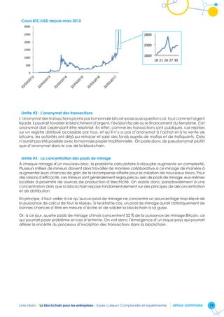 19Livre blanc I La blockchain pour les entreprises - Soyez curieux ! Comprendre et expérimenter retour sommaire
Cours BTC/USD depuis mars 2012
Limite #2 : L’anonymat des transactions
L’anonymat des transactions promis par la monnaie bitcoin pose aussi question car, tout comme l’argent
liquide, il pourrait favoriser le blanchiment d’argent, l’évasion fiscale ou le financement du terrorisme. Cet
anonymat doit cependant être relativisé. En effet, comme les transactions sont publiques, car reprises
sur un registre distribué accessible par tous, et qu’il n’y a pas d’anonymat à l’achat et à la vente de
bitcoins, les autorités ont déjà pu retracer et saisir des fonds auprès de mafias et de trafiquants. Cela
n’aurait pas été possible avec la monnaie papier traditionnelle. On parle donc de pseudonymat plutôt
que d’anonymat dans le cas de la blockchain.
Limite #3 : La concentration des pools de minage
À chaque minage d’un nouveau bloc, le problème calculatoire à résoudre augmente en complexité.
Plusieurs milliers de mineurs doivent alors travailler de manière collaborative à ce minage de manière à
augmenter leurs chances de gain de la récompense offerte pour la création de nouveaux blocs. Pour
des raisons d’efficacité, ces mineurs sont généralement regroupés au sein de pools de minage, eux-mêmes
localisés à proximité de sources de production d’électricité. On assiste donc paradoxalement à une
concentration alors que la blockchain repose fondamentalement sur des principes de déconcentration
et de distribution.
En principe, il faut veiller à ce qu’aucun pool de minage ne concentre un pourcentage trop élevé de
la puissance de calcul de tout le réseau. Si tel était le cas, un pool de minage aurait statistiquement de
bonnes chances d’être en mesure d’écrire et de valider la blockchain à sa guise.
Or, à ce jour, quatre pools de minage chinois concentrent 52 % de la puissance de minage Bitcoin, ce
qui pourrait poser problème en cas d’entente. On voit donc l’émergence d’un risque pays qui pourrait
altérer la sincérité du processus d’inscription des transactions dans la blockchain.
 
