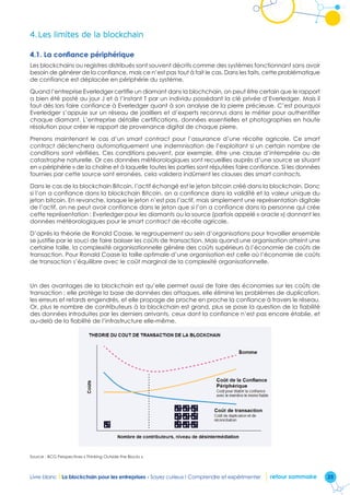25Livre blanc I La blockchain pour les entreprises - Soyez curieux ! Comprendre et expérimenter retour sommaire
4.	Les limites de la blockchain
4.1. La confiance périphérique
Les blockchains ou registres distribués sont souvent décrits comme des systèmes fonctionnant sans avoir
besoin de générer de la confiance, mais ce n’est pas tout à fait le cas. Dans les faits, cette problématique
de confiance est déplacée en périphérie du système.
Quand l’entreprise Everledger certifie un diamant dans la blochchain, on peut être certain que le rapport
a bien été posté au jour J et à l’instant T par un individu possédant la clé privée d’Everledger. Mais il
faut dès lors faire confiance à Everledger quant à son analyse de la pierre précieuse. C’est pourquoi
Everledger s’appuie sur un réseau de joailliers et d’experts reconnus dans le métier pour authentifier
chaque diamant. L’entreprise détaille certifications, données essentielles et photographies en haute
résolution pour créer le rapport de provenance digital de chaque pierre.
Prenons maintenant le cas d’un smart contract pour l’assurance d’une récolte agricole. Ce smart
contract déclenchera automatiquement une indemnisation de l’exploitant si un certain nombre de
conditions sont vérifiées. Ces conditions peuvent, par exemple, être une clause d’intempérie ou de
catastrophe naturelle. Or ces données météorologiques sont recueillies auprès d’une source se situant
en « périphérie » de la chaîne et à laquelle toutes les parties sont réputées faire confiance. Si les données
fournies par cette source sont erronées, cela validera indûment les clauses des smart contracts.
Dans le cas de la blockchain Bitcoin, l’actif échangé est le jeton bitcoin créé dans la blockchain. Donc
si l’on a confiance dans la blockchain Bitcoin, on a confiance dans la validité et la valeur unique du
jeton bitcoin. En revanche, lorsque le jeton n’est pas l’actif, mais simplement une représentation digitale
de l’actif, on ne peut avoir confiance dans le jeton que si l’on a confiance dans la personne qui crée
cette représentation : Everledger pour les diamants ou la source (parfois appelé « oracle ») donnant les
données météorologiques pour le smart contract de récolte agricole.
D’après la théorie de Ronald Coase, le regroupement au sein d’organisations pour travailler ensemble
se justifie par le souci de faire baisser les coûts de transaction. Mais quand une organisation atteint une
certaine taille, la complexité organisationnelle génère des coûts supérieurs à l’économie de coûts de
transaction. Pour Ronald Coase la taille optimale d’une organisation est celle où l’économie de coûts
de transaction s’équilibre avec le coût marginal de la complexité organisationnelle.
Un des avantages de la blockchain est qu’elle permet aussi de faire des économies sur les coûts de
transaction : elle protège la base de données des attaques, elle élimine les problèmes de duplication,
les erreurs et retards engendrés, et elle propage de proche en proche la confiance à travers le réseau.
Or, plus le nombre de contributeurs à la blockchain est grand, plus se pose la question de la fiabilité
des données introduites par les derniers arrivants, ceux dont la confiance n’est pas encore établie, et
au-delà de la fiabilité de l’infrastructure elle-même.
Source : BCG Perspectives « Thinking Outside the Blocks »
 