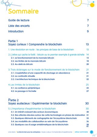 5Livre blanc I La blockchain pour les entreprises - Soyez curieux ! Comprendre et expérimenter retour sommaire
Sommaire
Guide de lecture 7
Liste des encarts 7
Introduction9
Partie 1
Soyez curieux ! Comprendre la blockchain 13
1.	Une révolution en route : les principes de base de la blockchain 13
2.	L’arbre qui cache la forêt : bitcoin ou le premier exemple à grande échelle 14
2.1. Le fonctionnement de la monnaie bitcoin  15
2.2. Les limites de la monnaie bitcoin 18
2.3. Au-delà du bitcoin 20
3.	Trois éclairages sur le mode de fonctionnement de la blockchain 21
3.1. L’exploitation d’une capacité de stockage en abondance 21
3.2. La continuité virtuelle  21
3.3. L’architecture technique de la blockchain 22
4.	Les limites de la blockchain 25
4.1. La confiance périphérique  25
4.2. Le passage à l’échelle  27
Partie 2
Soyez audacieux ! Expérimenter la blockchain 30
5.	L’importance d’expérimenter la blockchain 30
5.1. Un intérêt croissant des acteurs économiques 30
5.2. Des attentes élevées autour de cette technologie en phase de maturation 31
5.3. Quelques éléments de cartographie de l’écosystème blockchain 33
5.4. Les modalités de collaboration au sein de l’écosystème  36
5.5. Quelques cas d’usage emblématiques de la blockchain  38
41
 