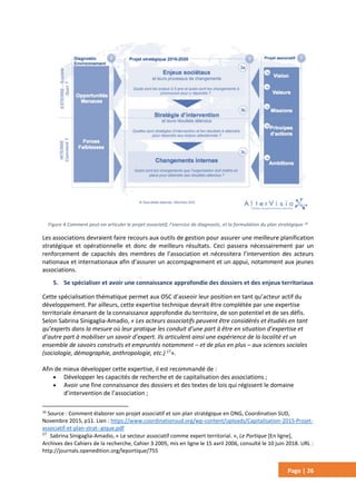 Page | 26
Figure 4 Comment peut-on articuler le projet associatif, l’exercice de diagnostic, et la formulation du plan stratégique 16
Les associations devraient faire recours aux outils de gestion pour assurer une meilleure planification
stratégique et opérationnelle et donc de meilleurs résultats. Ceci passera nécessairement par un
renforcement de capacités des membres de l’association et nécessitera l’intervention des acteurs
nationaux et internationaux afin d’assurer un accompagnement et un appui, notamment aux jeunes
associations.
5. Se spécialiser et avoir une connaissance approfondie des dossiers et des enjeux territoriaux
Cette spécialisation thématique permet aux OSC d’asseoir leur position en tant qu’acteur actif du
développement. Par ailleurs, cette expertise technique devrait être complétée par une expertise
territoriale émanant de la connaissance approfondie du territoire, de son potentiel et de ses défis.
Selon Sabrina Sinigaglia-Amadio, « Les acteurs associatifs peuvent être considérés et étudiés en tant
qu’experts dans la mesure où leur pratique les conduit d’une part à être en situation d’expertise et
d’autre part à mobiliser un savoir d’expert. Ils articulent ainsi une expérience de la localité et un
ensemble de savoirs construits et empruntés notamment – et de plus en plus – aux sciences sociales
(sociologie, démographie, anthropologie, etc.) 17
».
Afin de mieux développer cette expertise, il est recommandé de :
 Développer les capacités de recherche et de capitalisation des associations ;
 Avoir une fine connaissance des dossiers et des textes de lois qui régissent le domaine
d’intervention de l’association ;
16
Source : Comment élaborer son projet associatif et son plan stratégique en ONG, Coordination SUD,
Novembre 2015, p11. Lien : https://www.coordinationsud.org/wp-content/uploads/Capitalisation-2015-Projet-
associatif-et-plan-strat--gique.pdf
17
Sabrina Sinigaglia-Amadio, « Le secteur associatif comme expert territorial. », Le Portique [En ligne],
Archives des Cahiers de la recherche, Cahier 3 2005, mis en ligne le 15 avril 2006, consulté le 10 juin 2018. URL :
http://journals.openedition.org/leportique/755
 