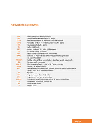 Page | 3
Abréviations et acronymes
ANC Assemblée Nationale Constituante
ARP Assemblée des Représentants du Peuple
CFAD Centre de formation et d’appui à la décentralisation
CPSCL Caisse des prêts et de soutien aux collectivités locales
CCL Code des collectivités locales
CL Collectivité locale
CSCL Conseil supérieur des collectivités locales
ESS Economie sociale et solidaire
FNVT Fédération nationale des villes tunisiennes
IPAPD Instance de Prospective et d'Accompagnement du processus
de décentralisation
INNORPI Institut national de la normalisation et de la propriété industrielle
LCC Lutte contre la corruption
MALEV Ministère des affaires locales et de l’environnement
MENA Middle East and North Africa
MSC Ministère chargé des relations avec les instances constitutionnelles, la
société civile et les droits de l’Homme
OG Open Gov
OSC Organisations de la société civile
ONG Organisation non gouvernementale
PDUGL Programme de développent urbain et de gouvernance locale
PTF Partenaires techniques et financiers
RS Redevabilité sociale
SC Société civile
 